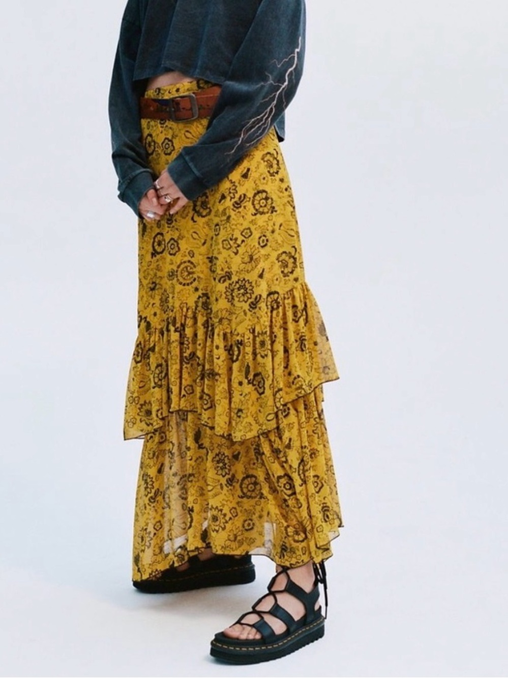 Urban Outfitters Black and Yellow Floral Tiered Maxi Skirt Size M